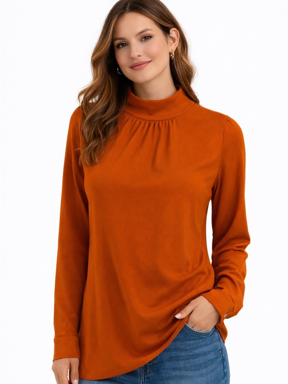 Calvin Klein Orange Mock Neck Long Sleeve Blouse Elegant Office Classy